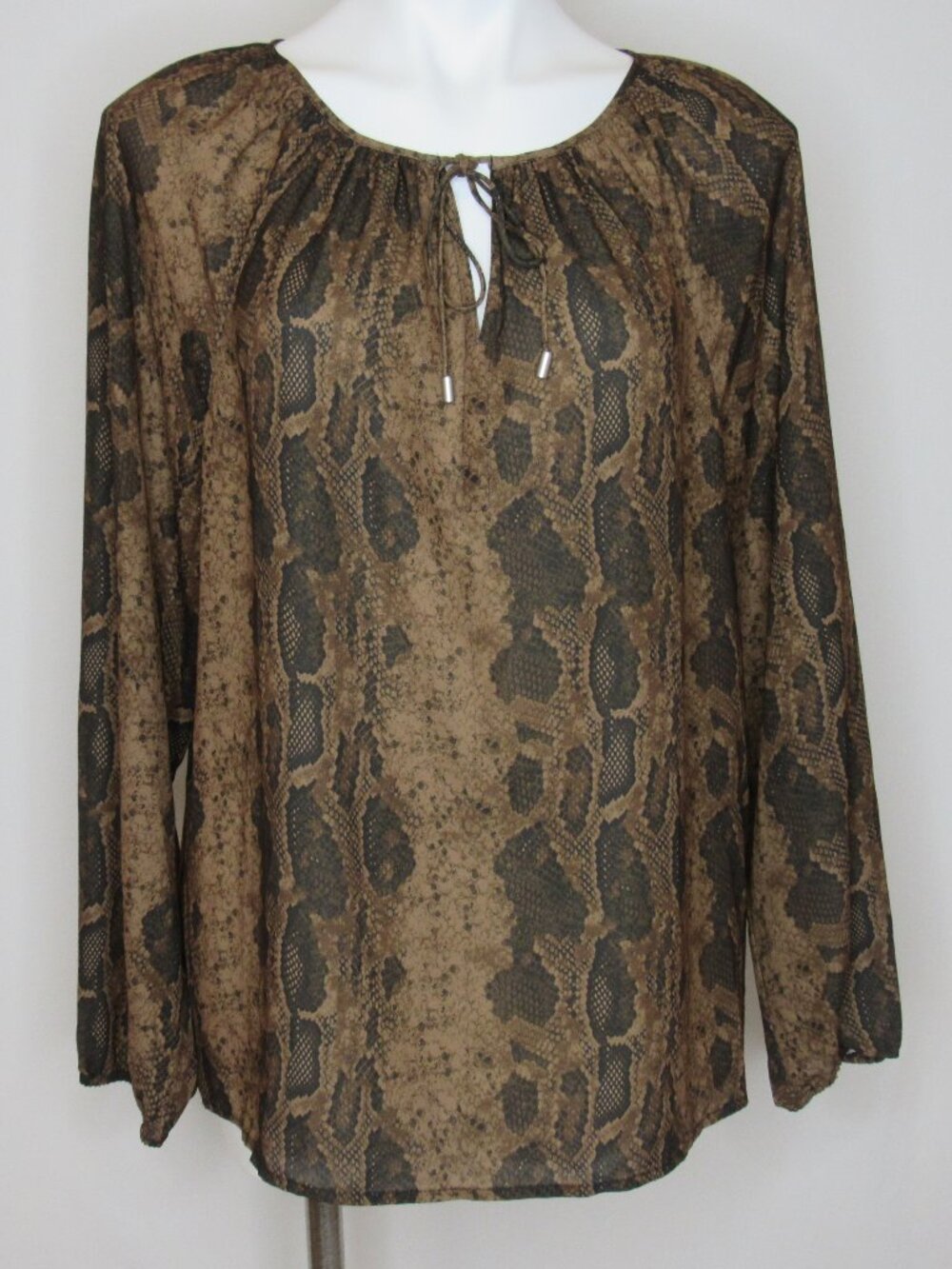 NYDJ Brown Python Print Peasant Blouse Tie Neck Women's L Large